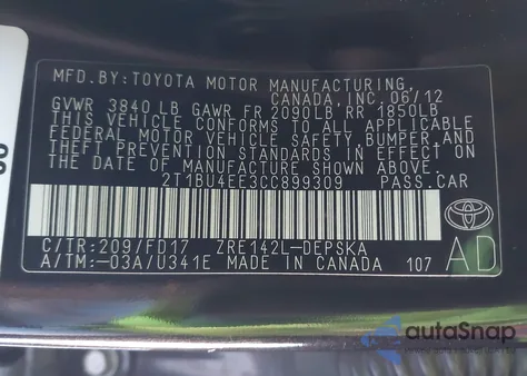 2012 Toyota Corolla S из США, поврежденный, VIN 2T1BU4EE3CC899309